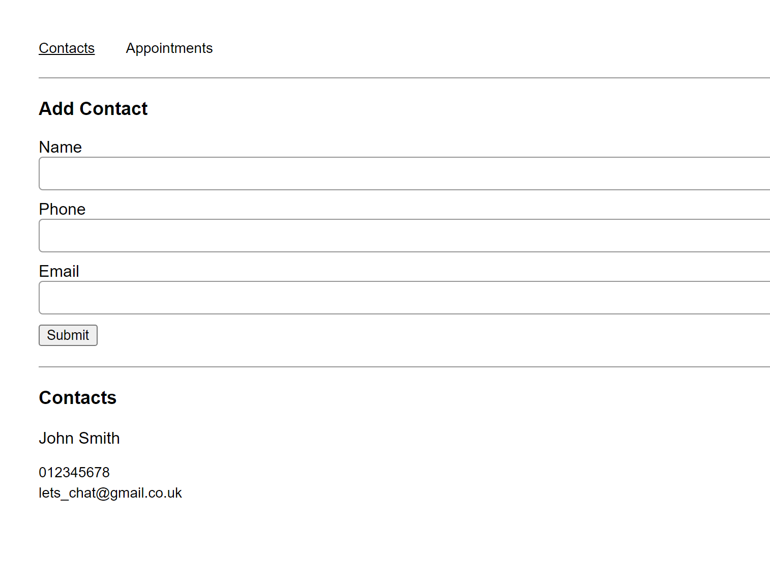 A planner to enter contact name, number and email