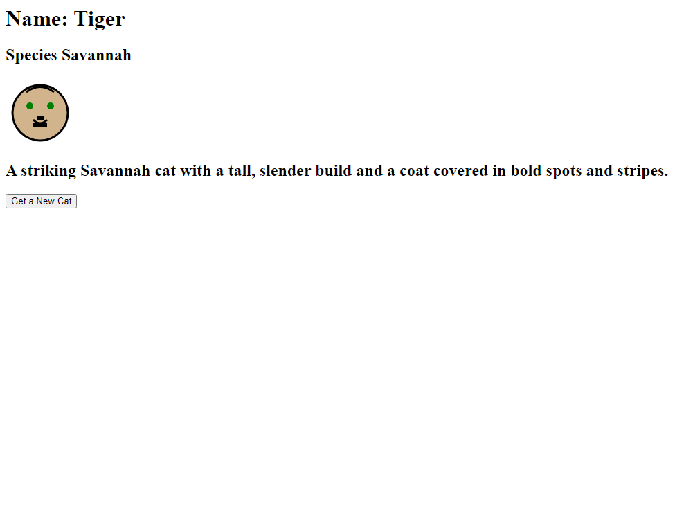 A paint picture of a cat, with a description and a name.